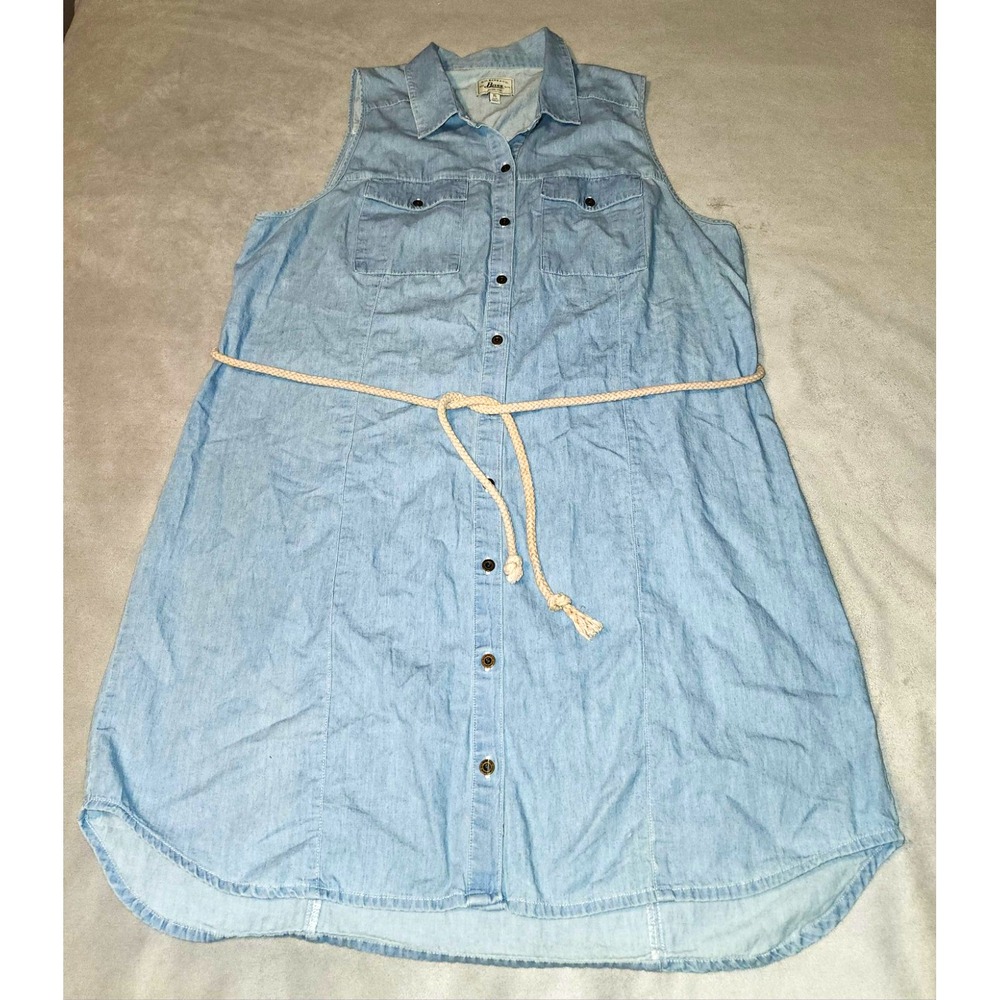 G.H. Bass Women XL Chambray Shirt Dress 100% Cotton Belted Sleeveless Blue